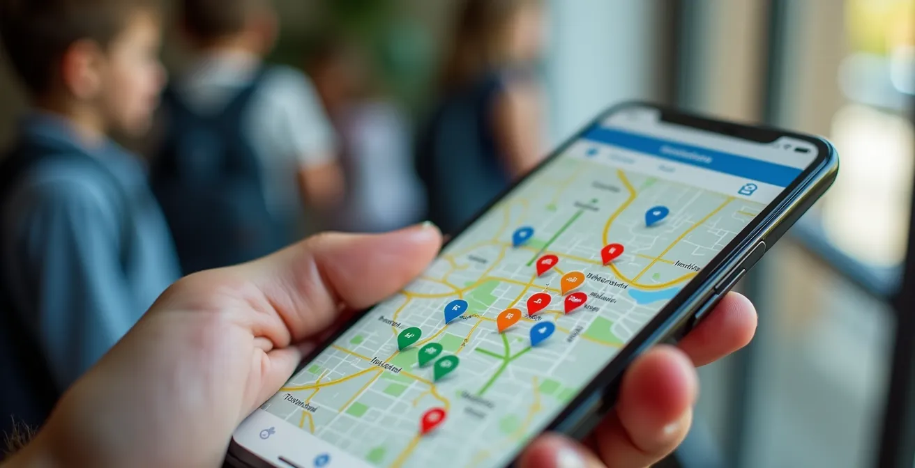 Macro close-up of smartphone showing neighborhood map with car-share and bike-share pins