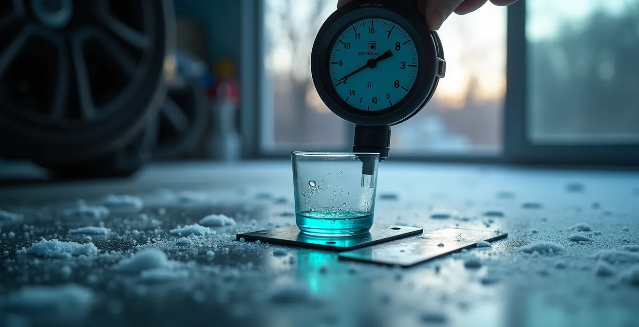 Close-up of refractometer testing blue antifreeze liquid with frost visible in background
