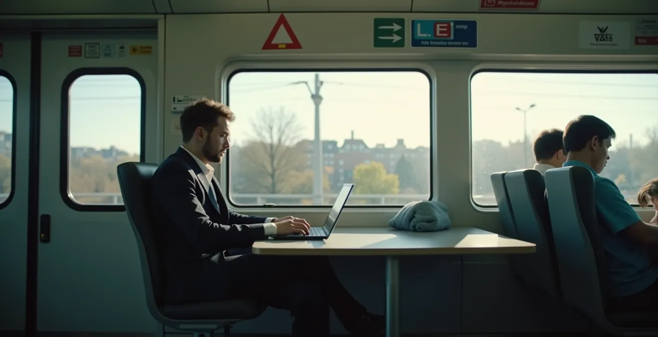 A professional working on a laptop aboard Montreal's REM train during morning commute