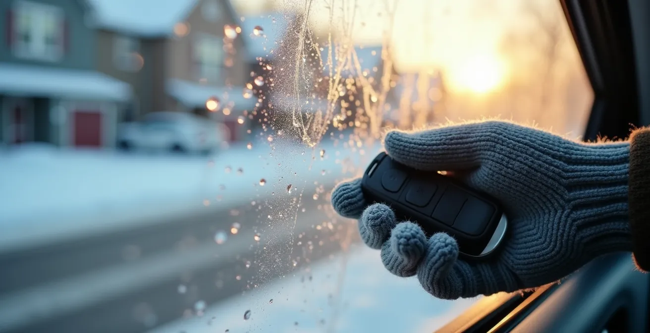 Car remote start key fob held against frosty Canadian winter morning backdrop