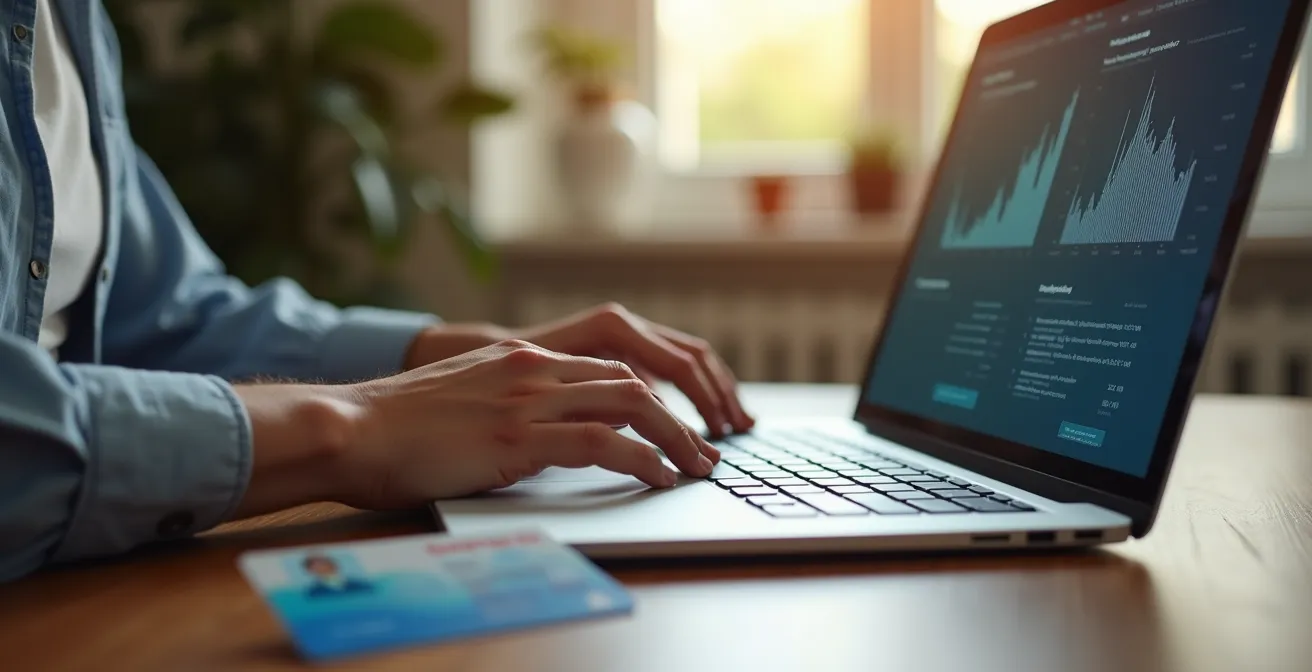 Person checking driving record on laptop with Quebec license nearby