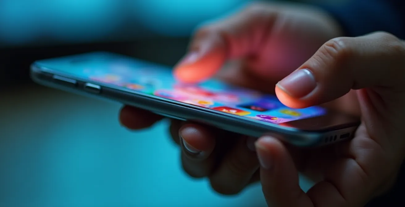 Hands holding smartphone showing abstract government portal interface