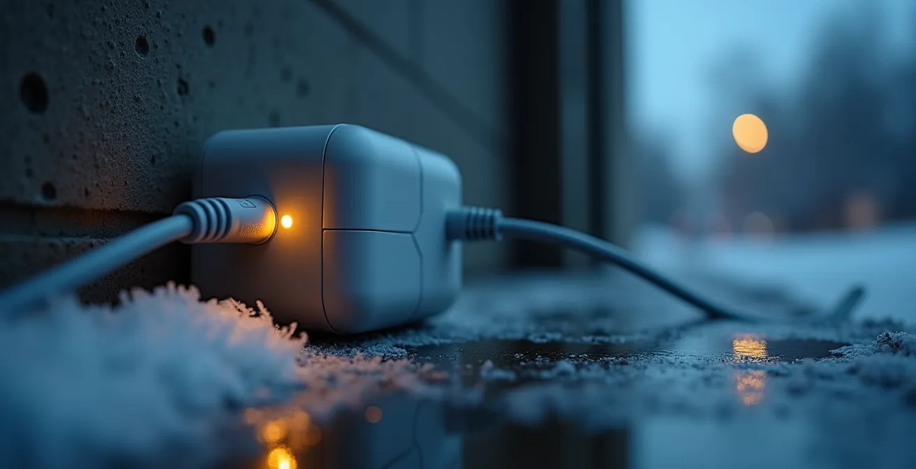 Close-up of smart plug connected to a battery tender in a garage with frost on the floor, representing Quebec winter.