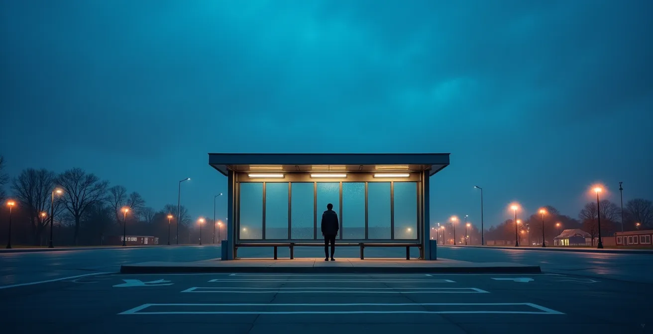 Commuter waiting at deserted suburban transit stop at dusk