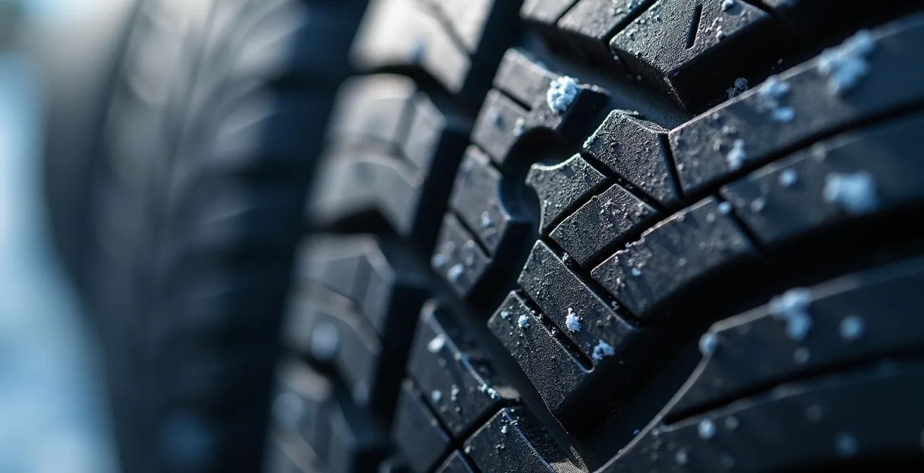 Extreme close-up macro shot of tire sidewall showing the three-peak mountain snowflake symbol embossed in rubber