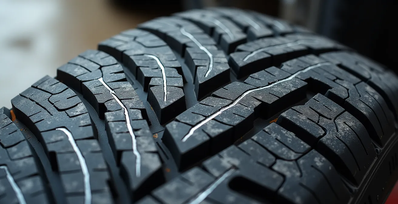 Close-up of a winter tire showing severe inside edge wear from alignment issues