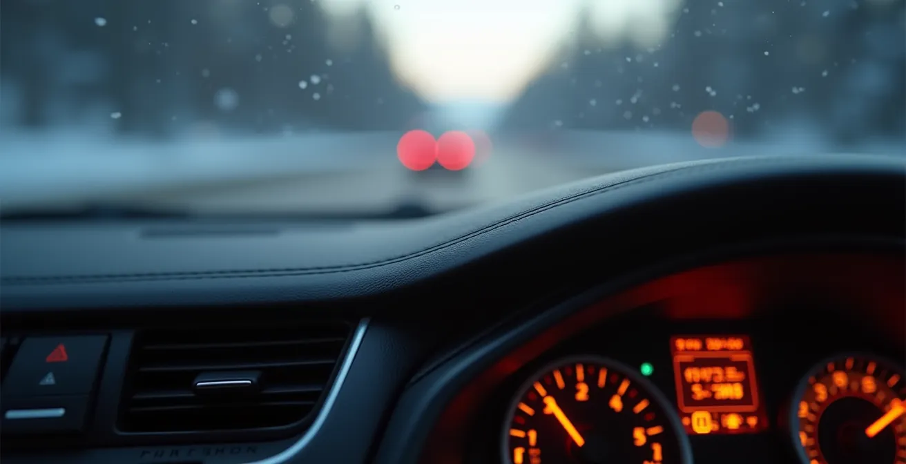 Close-up of car dashboard with TCS light flashing during winter driving