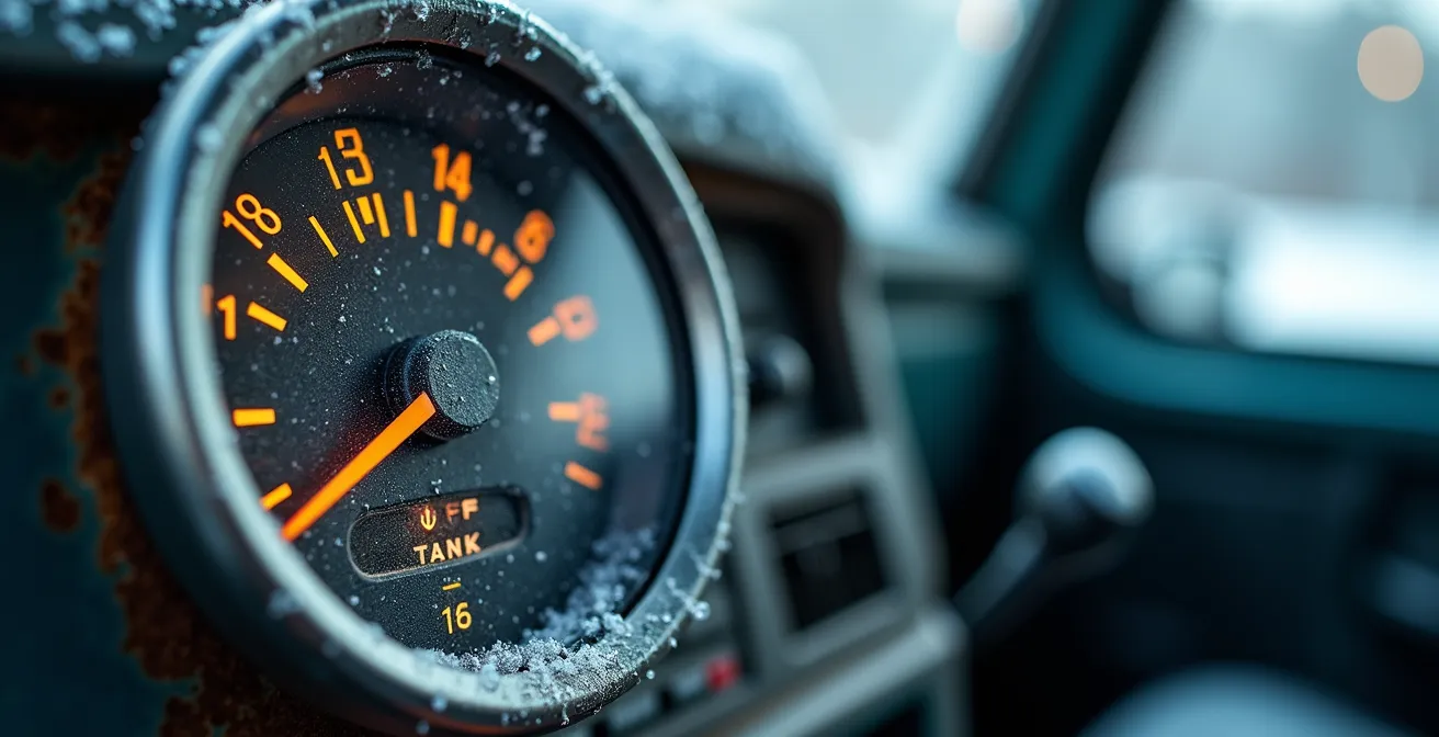 Macro shot of fuel gauge and trip computer in extreme cold conditions