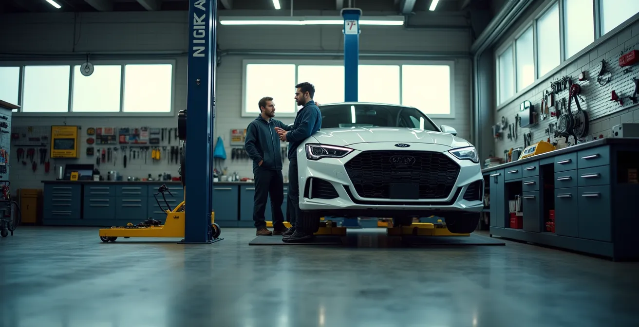 Workshop scene showing mechanic explaining transmission failure cascade to customer