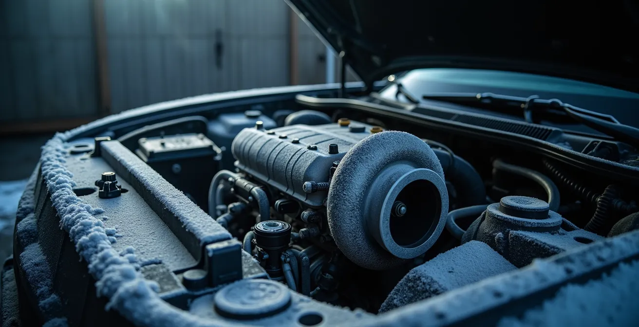 Environmental wide shot of frosted turbocharger in engine bay with ice crystals
