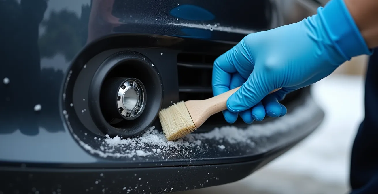 Hands carefully cleaning ultrasonic parking sensors on car bumper with soft brush