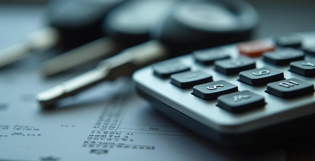 Macro shot of car valuation documents with calculator in Quebec dealership