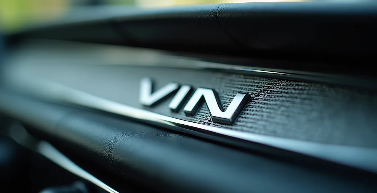 Macro close-up of VIN number locations on vehicle dashboard and door jamb for verification