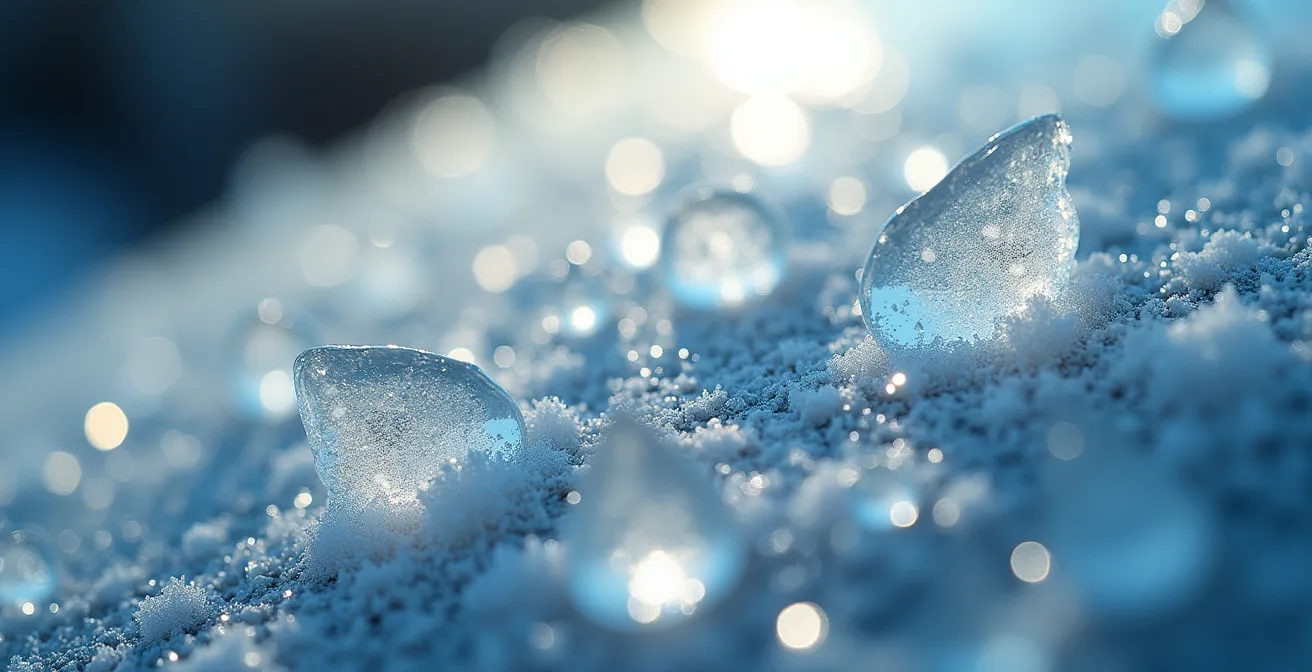 Macro close-up of salt crystals and ice forming on car windshield near camera sensor area