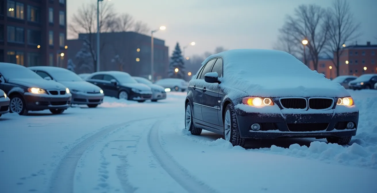 Wide environmental shot of a snowy Quebec parking lot showing proper winter vehicle preparation