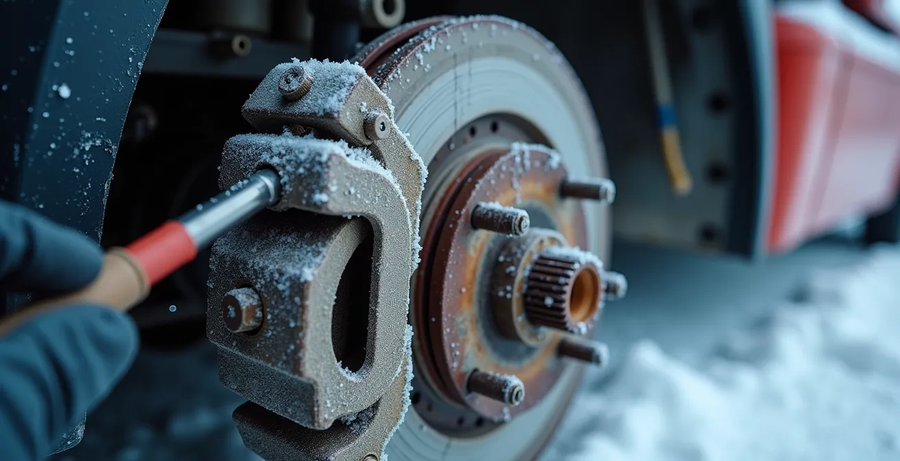 Close-up of truck brake lines inspection during Quebec winter conditions