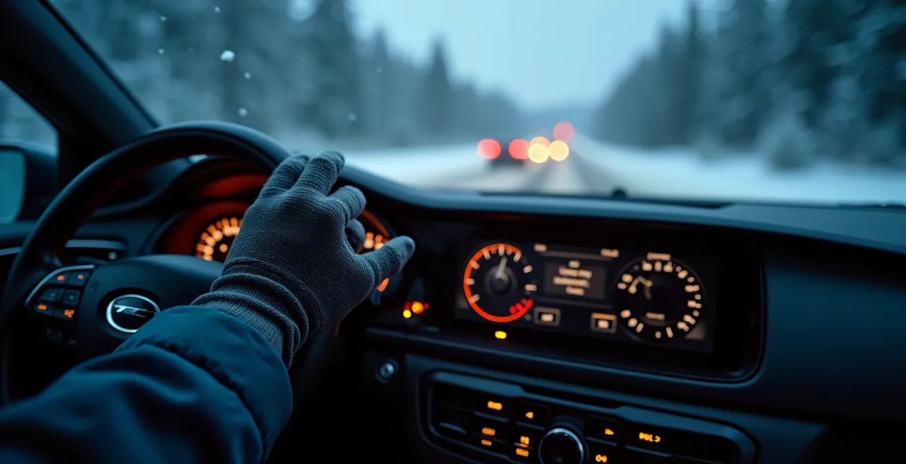 Interior view of car dashboard highlighting essential physical backup controls in winter conditions