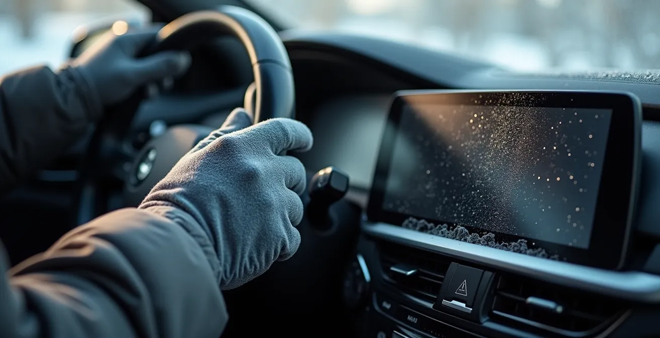 Microfiber cloth cleaning salt residue from car touchscreen dashboard